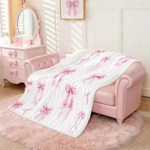 Pink Ribbon Bowknot Fuzzy Plush Throw Princess Satin Bow Fleece Blanket Kawaii Coquette Sherpa Blanket for Kids Boys Girls,Dreamy Pink Stripes Decor for Bed Couch Baby