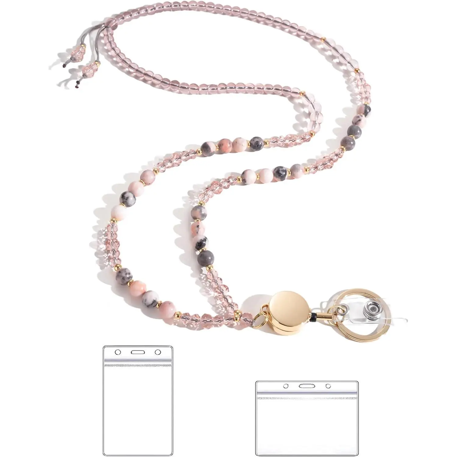 BYH22 Lanyards for ID Badges and Keys,Natural Stone Beaded Teacher Lanyard for Women,Retractable Lanyard with ID Holder Cute Lanyards