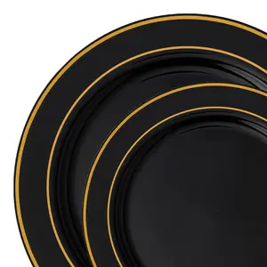 Black with Gold Edge Rim Plastic Dinnerware Value Set