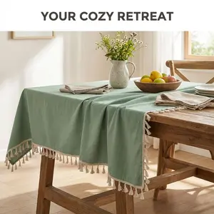 Sage Polyester Tablecloth, Thick Heavyweight Textured Fabric, Handmade Tassels, Farmhouse Rustic Style, 90x90/140x180/140x220/140x260 Cm