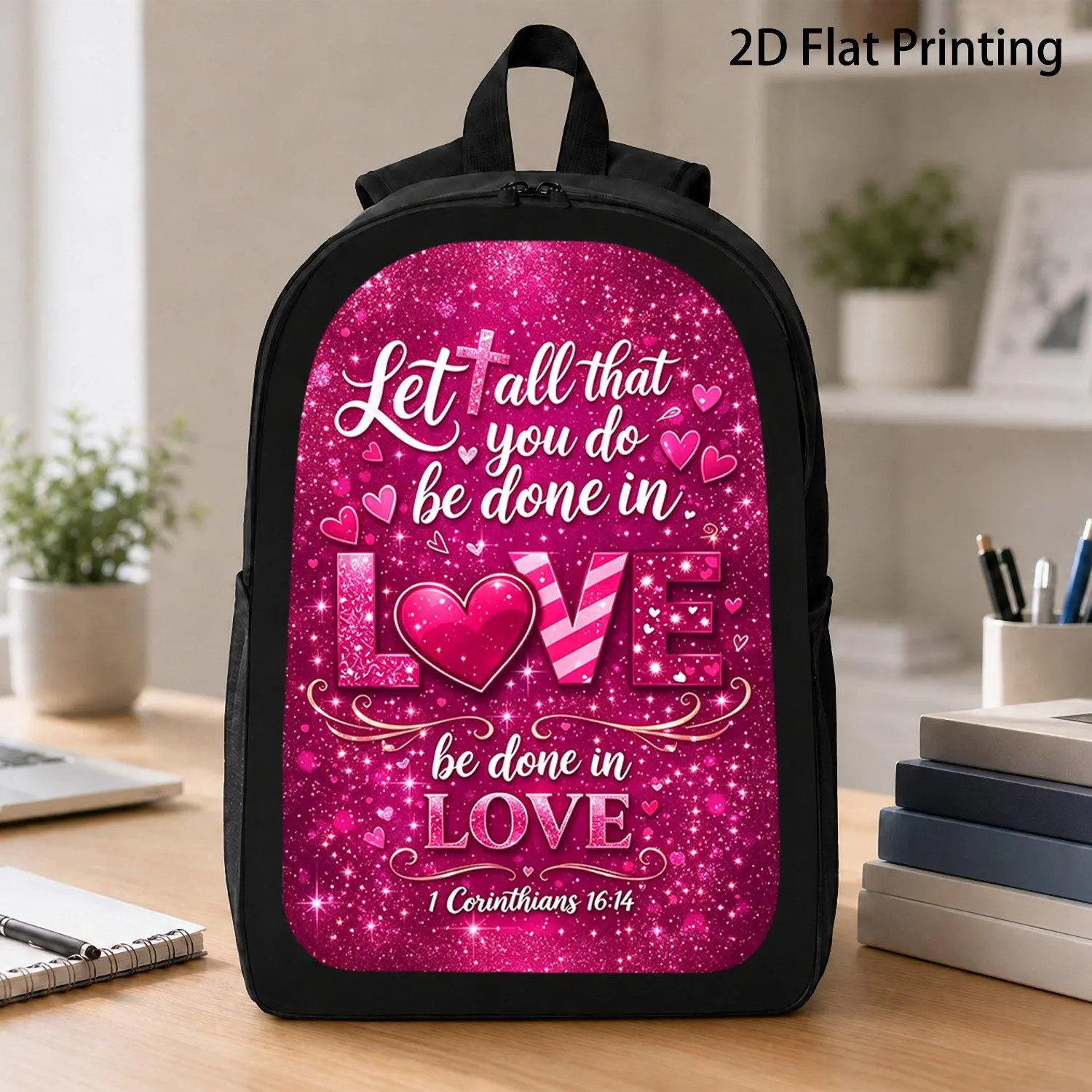 1pc Printed Backpack with Inspirational Bible Verse Love Glitter Heart Design for Daily School And Travel Use