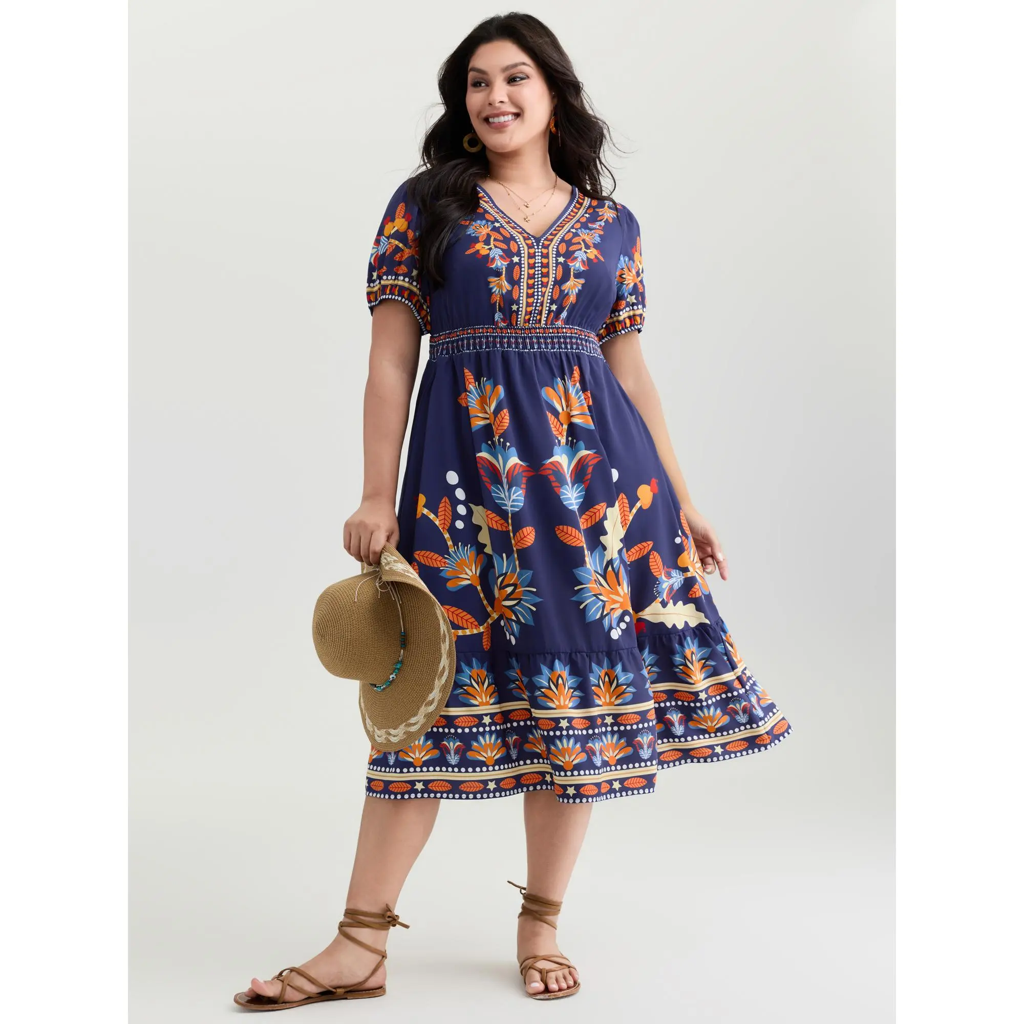 BloomChic Women's Plus Size Casual Bohemian Floral Print Midi Dress in Polyester with a V-Neck, Shirred Details, Puff Sleeves, and Pockets, Garment, Shortsleeve, Lady