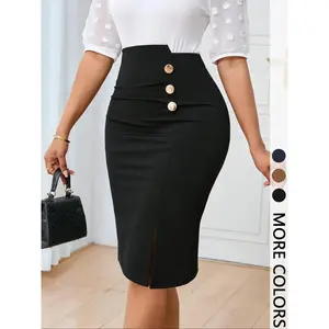 Women's commuting minimalist solid color A-line skirt button pencil skirt with asymmetrical buttons, suitable for all season fashion dressesRAIMENTRY