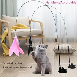 Cat Teaser Stick with Bell & Suction Cup - Durable Feather  Plush Catnip cat scratch toy