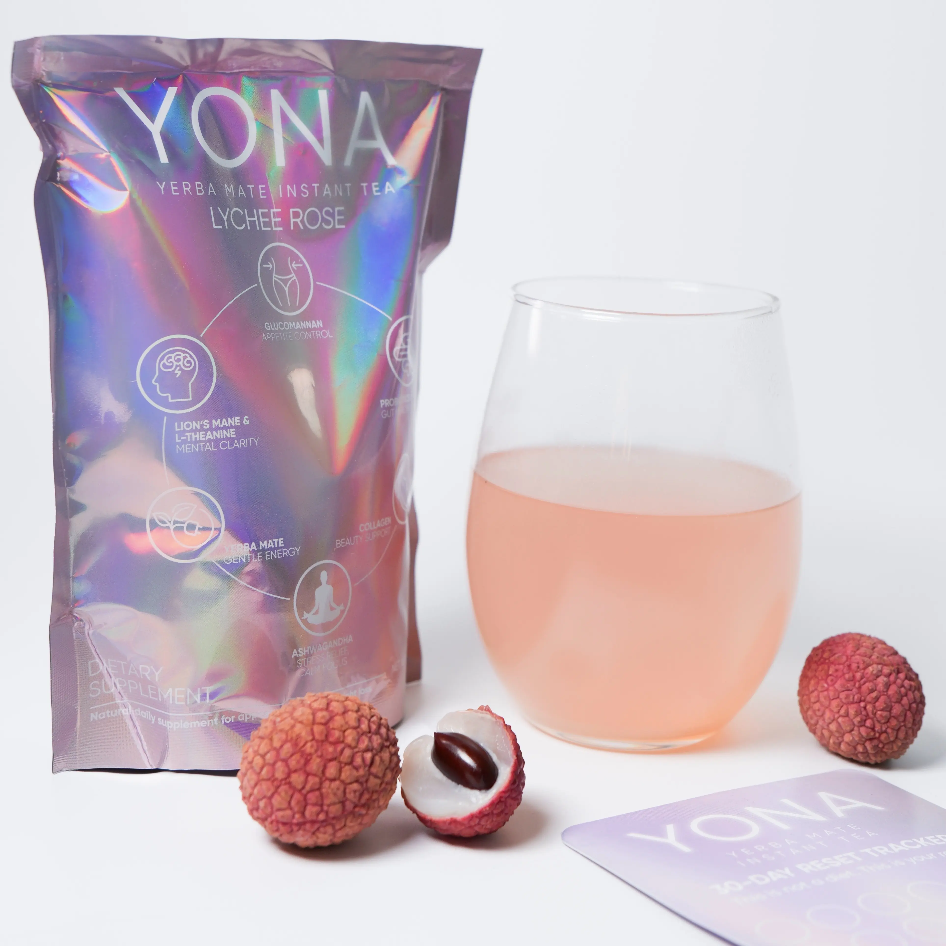 Yona Wellness Decaffeinated Lychee Rose Yerba Mate Instant Powder Packets - 30 Servings, 330g Natural Blend Functional Beverage Mix with Glucomannan Fiber, Lion’s Mane, Probiotics, Collagen, Magnesium for Gut Support, Bloat Relief