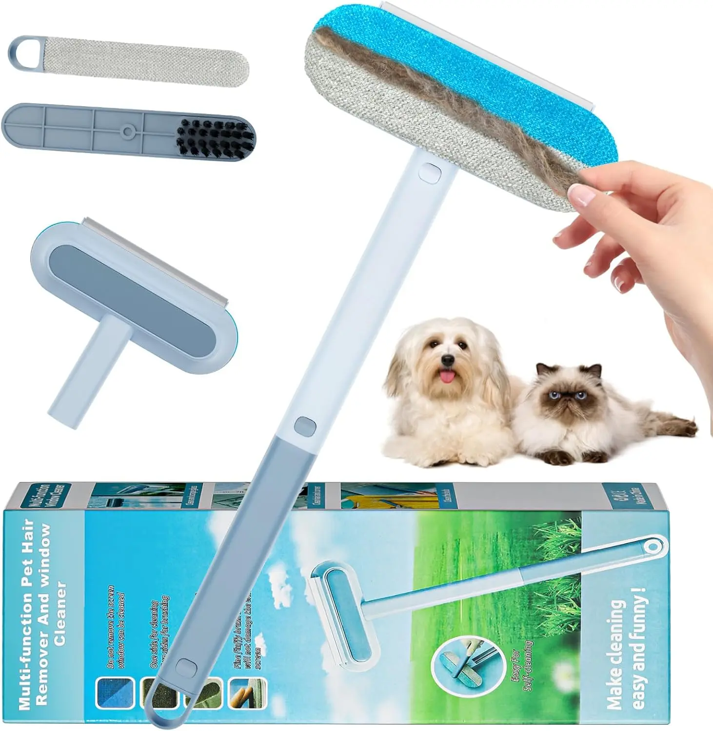 【4 in 1】Pet Hair Removal Tool, Multi-functional, Reusable, Washable Lint Cleaner for pet Hair, Gentle on Furniture, Effective on Carpets, Clothing, Bedding,Pet Hair Remover for Furniture, pet Hair Remover with Extra long Handle,Christmas gifts for family