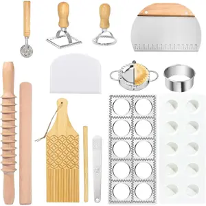 13PCS Wood Pasta Making Kit with Pasta Rolling Pin, Ravioli Mold, Ravioli Cutter, Gnocchi Board, Pasta Stamps, Dumpling Tools, Stick Dough Scraper Pasta Making Accessories