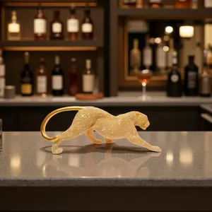 Modern Elegant Silver Leopard Statue, Resin Art Decoration, Lifelike Animal Sculpture for Living Room, Office, Wine Cabinet