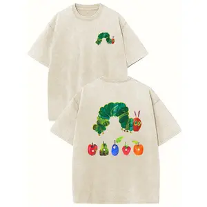 Holafish Heavyweight Cotton Crewneck Streetwear T-Shirt, Retro Acid Wash "The Very Hungry Caterpillar" Dual Side Graphic Printed Unisex Fashion Tees summervibes Casual Top