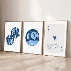 3pcs Blue Billiard Dice Art Poster, Fashionable Trendy Canvas Painting, Fun Living Room Decor, Unframed Wall Art Print