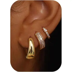 Small 14K Gold Plated Chunky Hoop Earrings for Women Hypoallergenic Silver Earrings Set for Sensitive Ears Non Tarnish Huggie Hoops Earring Stacks for Multiple Piercing Jewelry Lightweight 3Pairs