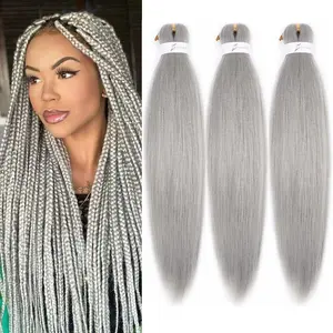 Braiding Hair Pre Stretched 16 Inch 3 Packs, Grey Pre stretched Braiding Hair for Professional Braiding Hair Extensions, Hot Water Setting Yaki Texture Synthetic Hair