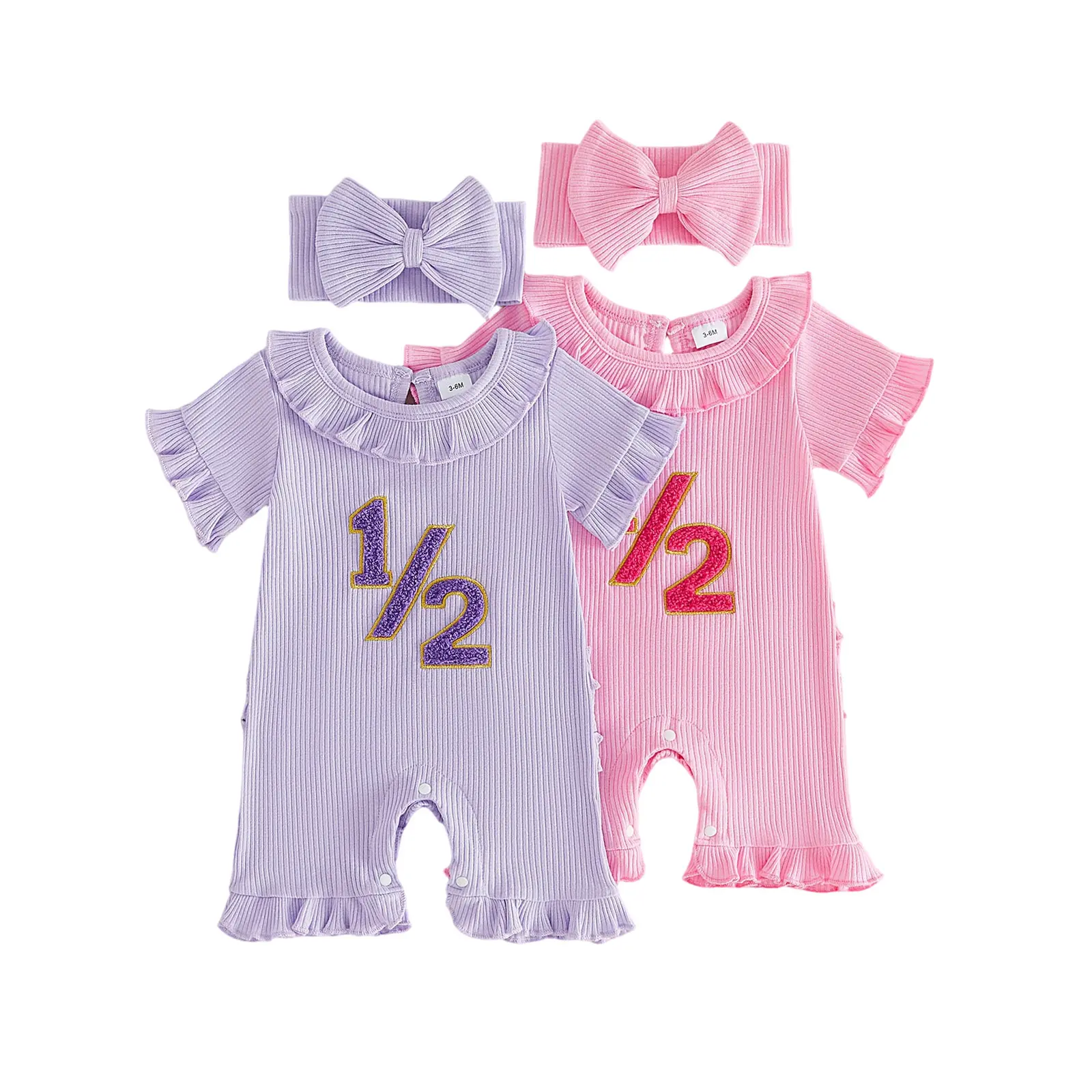 Infant Baby Girls Half Birthday Romper Letters Embroidery Short Sleeve Jumpsuit with Headband