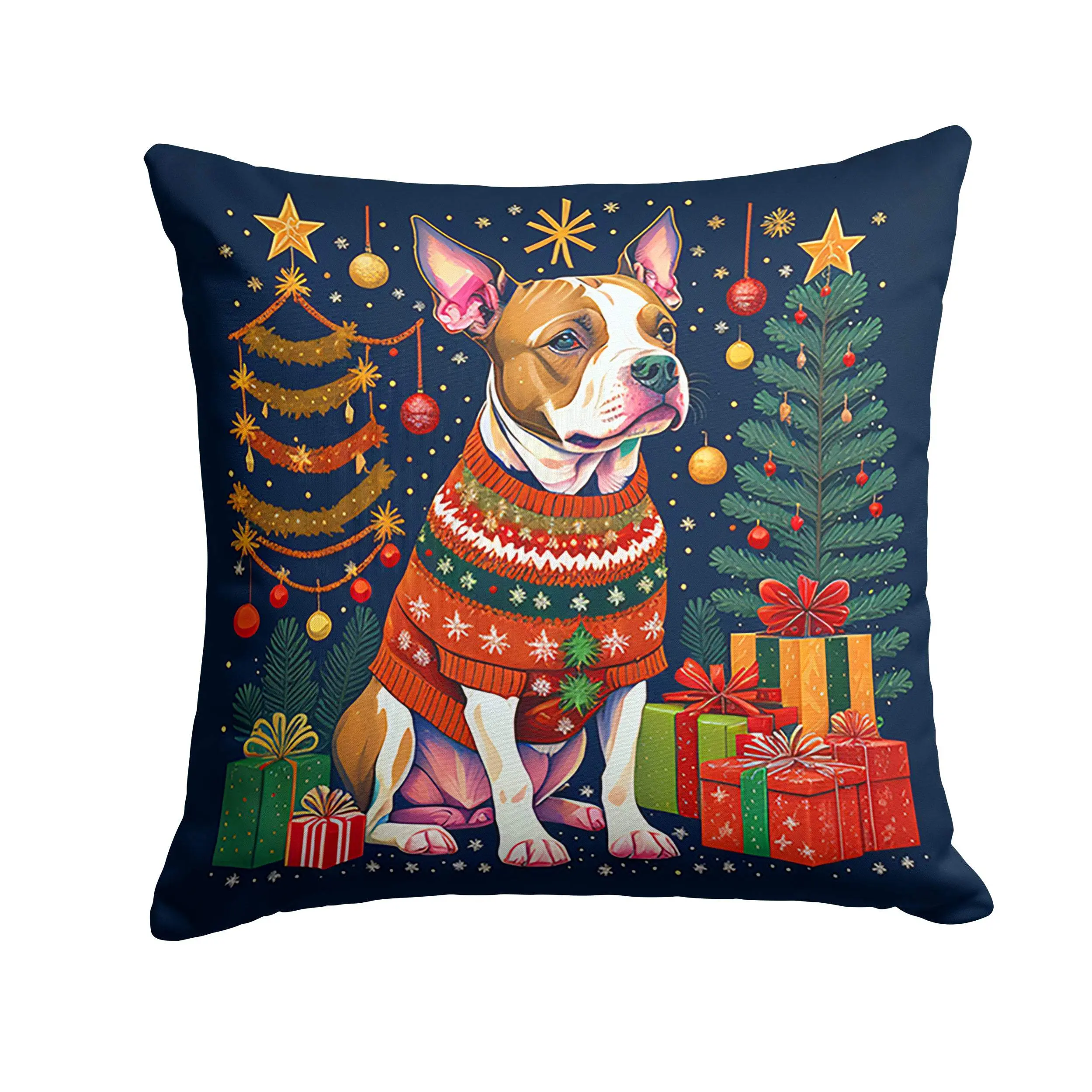 Pit Bull Terrier Christmas Print Polyester Decorative Pillow - 18x18 in, Vibrant Animals Design, Full-Color Handmade Waterproof Cushion Accessory, Crafted in the United States