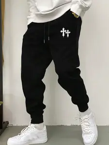 Men's Casual Sporty Long Pants, Cross Pattern Print, Drawstring Ankle Cuff, Loose-Fitting, All Seasons, Men's Fashion Pants, Cross Print Sweatpants