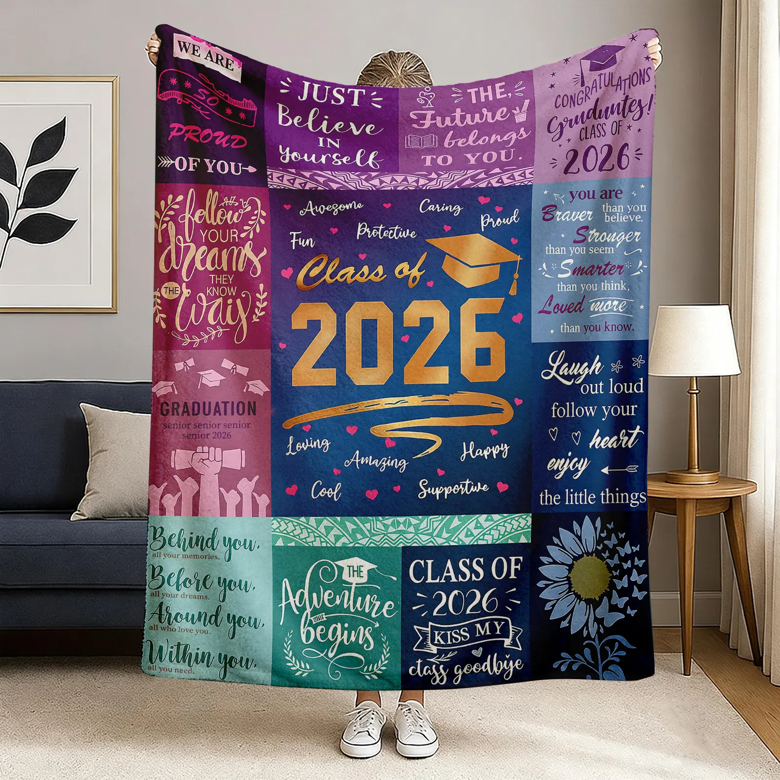 2026 Graduation Gift Soft Flannel Blanket, 50"X60" Unisex Ultrasonic Printed Diploma Blanket, Machine Washable Bedding for High School/University Graduates, Dorm Decoration