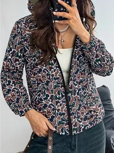 Women's Lightweight Camouflage Jacket with Adjustable Hooded Collar - Leopard Print Green/Brown, Machine Washable Fall Winter Outerwear, Casual Zipper Jacket for Daily Wear & Outdoor, Versatile for Jeans & Dresses, Outdoor Outerwear, Dress Layering