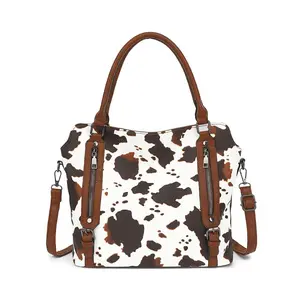 Trendy Cow Print Tote Bag for Women - Vintage Commuter Large Capacity Crossbody & Shoulder Purse Set Ornamets, Stylish Work Bag for Office Runs, Shopping Sprees & Daily Errands, Contrast Brown Trim Leather Satchel Pu Tote Satchel Horse Bag