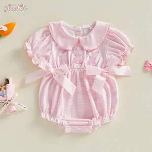Baby Girls Stripe Romper Bunny Embroidery Short Sleeve Doll Collar Bubble Jumpsuit
