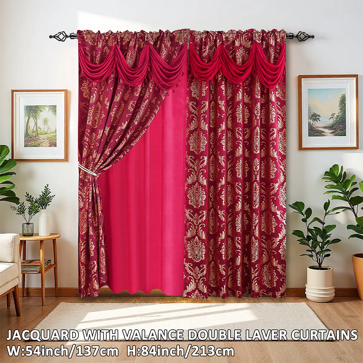 Luxury double - layer jacquard blackout curtains with valance, two - piece set (52 inches wide, 84 inches long). Floral curtains, suitable for living