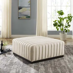 Modway Conjure Channel Tufted Upholstered Fabric Ottoman in Black Beige