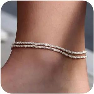 Sterling Silver Ankle Bracelets for Women: Dainty Layered Waterproof Anklet for Women Adjustable Womens Anklet Set Stackable Figaro Beaded Cuban Link Anklets Beach Jewelry for Women