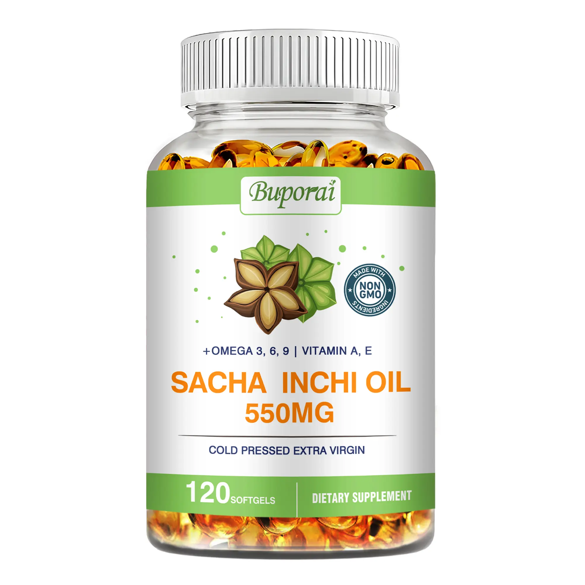 Buporai Inca Inchi Oil Dietary Supplement Capsules with Linolenic Acid, 120 Caps, Healthcare Support for Blood Pressure & Cholesterol Management
