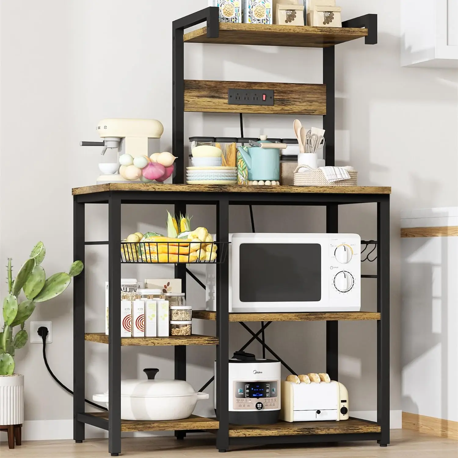 AWQM Bakers Rack for Kitchen Storage Microwave Stand with Power Outlet, 5 S-Hooks, Rustic Brown Organizer for Coffee Bar &Utensils Cabinet Industrial