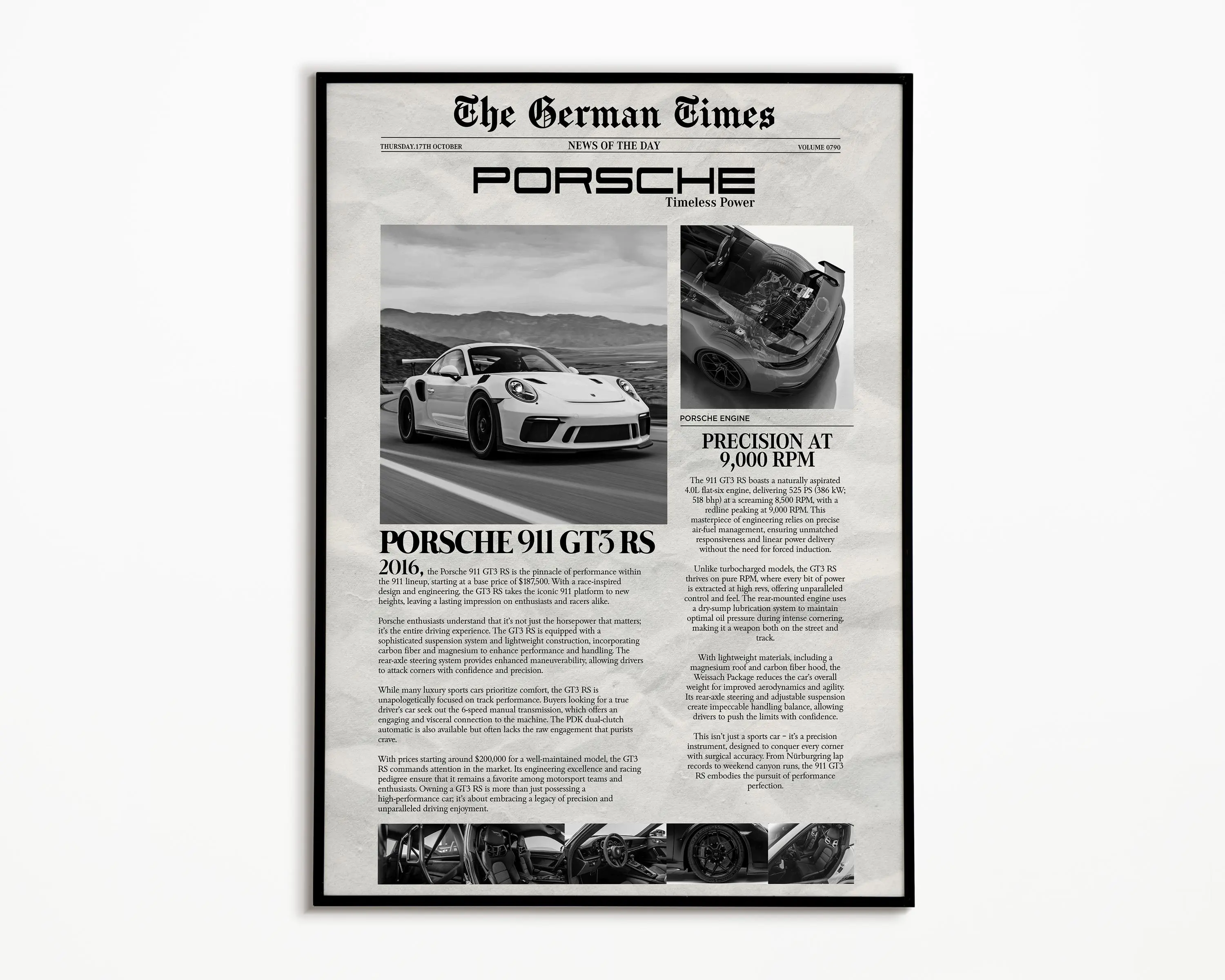 Porsche 911 GT3 RS Print | Newspaper | Physical Print | Hyper Car Poster | Super Car Print | Art Print | Car Poster | Home Decor |Wall Decor