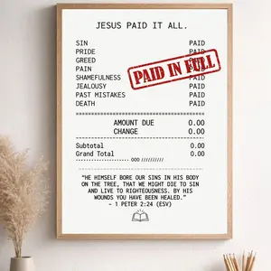 "Jesus Paid It All Receipt" Spiritual Tribute, Canvas/Fine Art Paper, Vintage Grocery Receipt Design with Red "Paid In Full" Stamp & Scripture, Religious Believers & Faith Decor, Modern Wall Art Poster