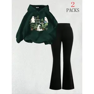 Women's Halloween ghost print hoodie set, casual loose long sleeved top and comfortable slim fit pants, summer fashionRAIMENTRY