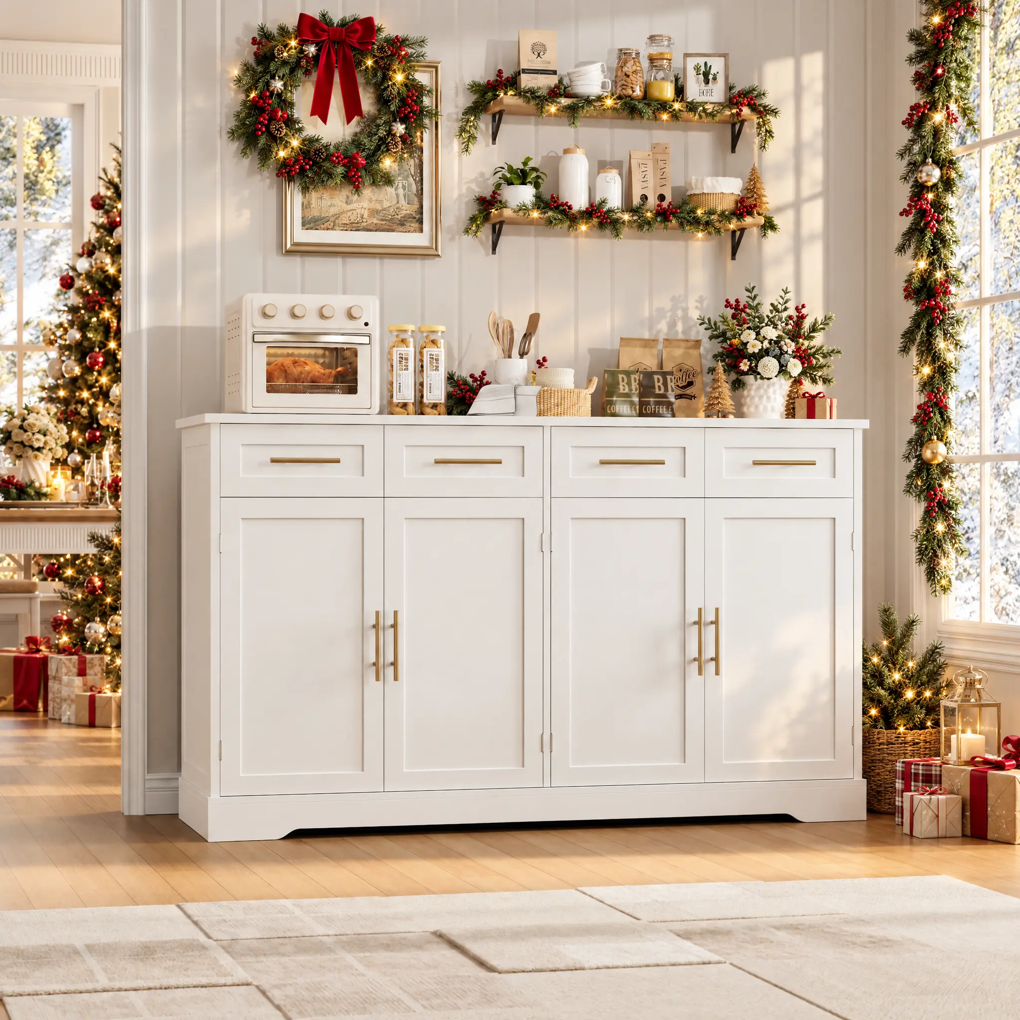 HOSTACK Modern Kitchen Storage Cabinet with 4 Drawers & Gold Handles, Sideboard Buffet Cabinet for Dining Room & Coffee Bar,Christmas Gift, Home essentials