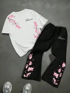 Trendy Japanese Street Style Sakura Set, Elegant Cherry Blossom Print Loose T-Shirt & Bell Bottom Pants, Floral Look, Y2K Fashion