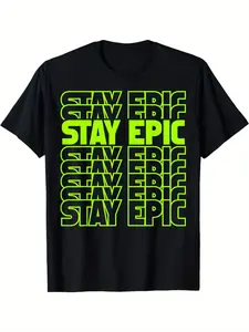 Men's Lime Green Vertical Neon "Stay Epic" T-Shirt - Bold Lettering Muscle Fit Crew Neck Short Sleeve All-Season Comfort Casual & Gym Wear Neon Green Graphic Tee for Men Ideal Gift