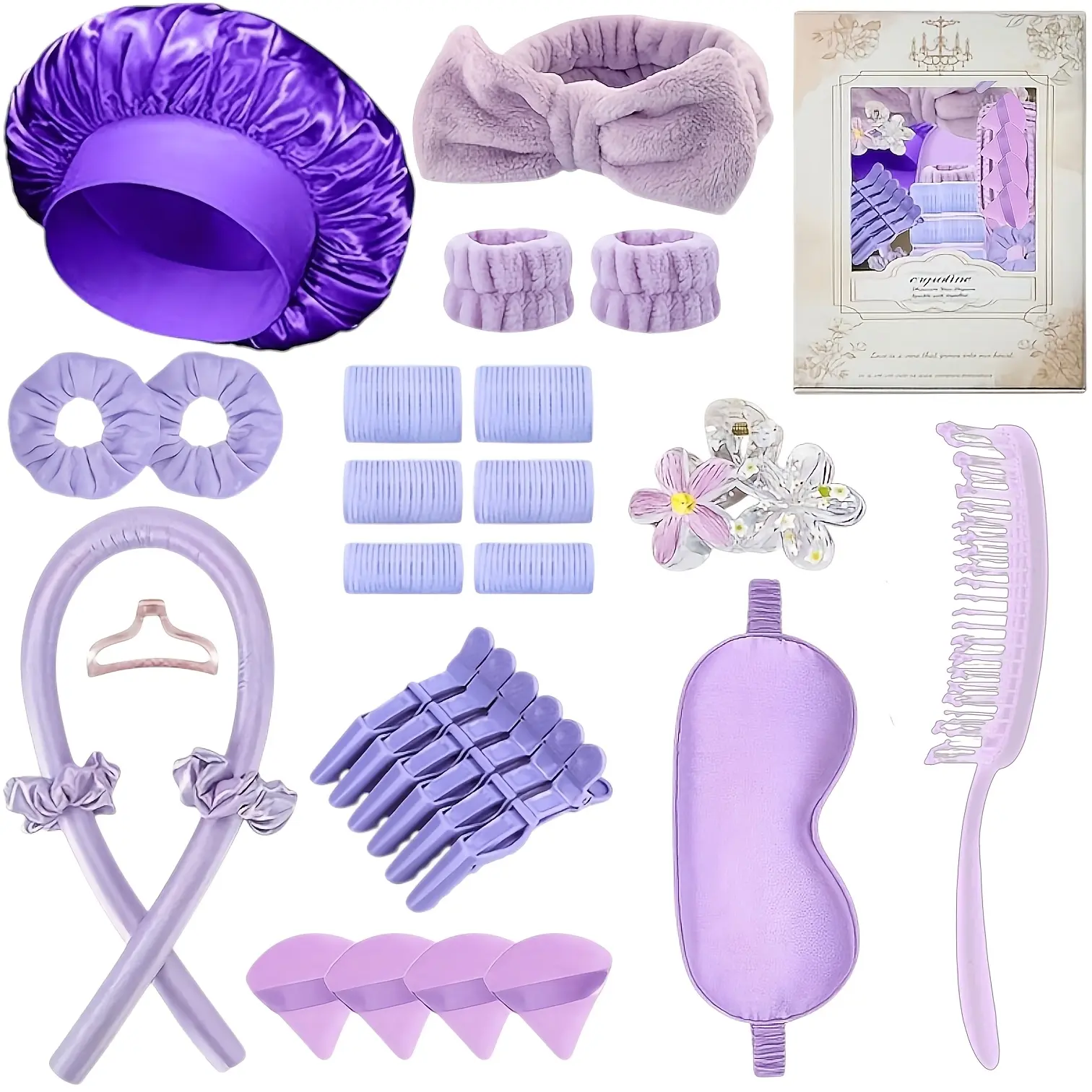29-piece heatless curling tool set: sleep styling foam stick for big waves + hair scrunchie + face wash headband + powder puff + comb; easy for beginners