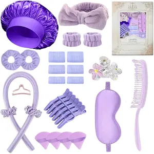29-piece heatless curling tool set: sleep styling foam stick for big waves + hair scrunchie + face wash headband + powder puff + comb; easy for beginners