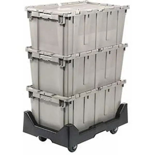 Gray Attached Lid Shipping Container with Dolly Combo, Grab Handle Storage Bins with Lids