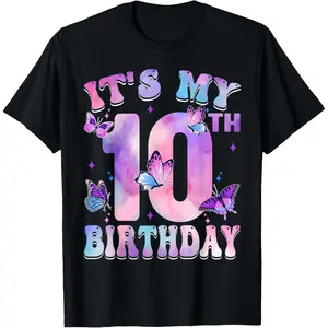 It's My 10th Birthday Butterfly Theme 10 Year Old Party Girl T-Shirt ,Made in USA