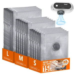 Travel Vacuum Bags with Wireless Pump, 15 Pack Vacuum Storage Bags with Powerful -70KPa Suction, for Maximum Compression in Luggage, Suitcase, Travel and Home Use for Clothes and Blankets, White