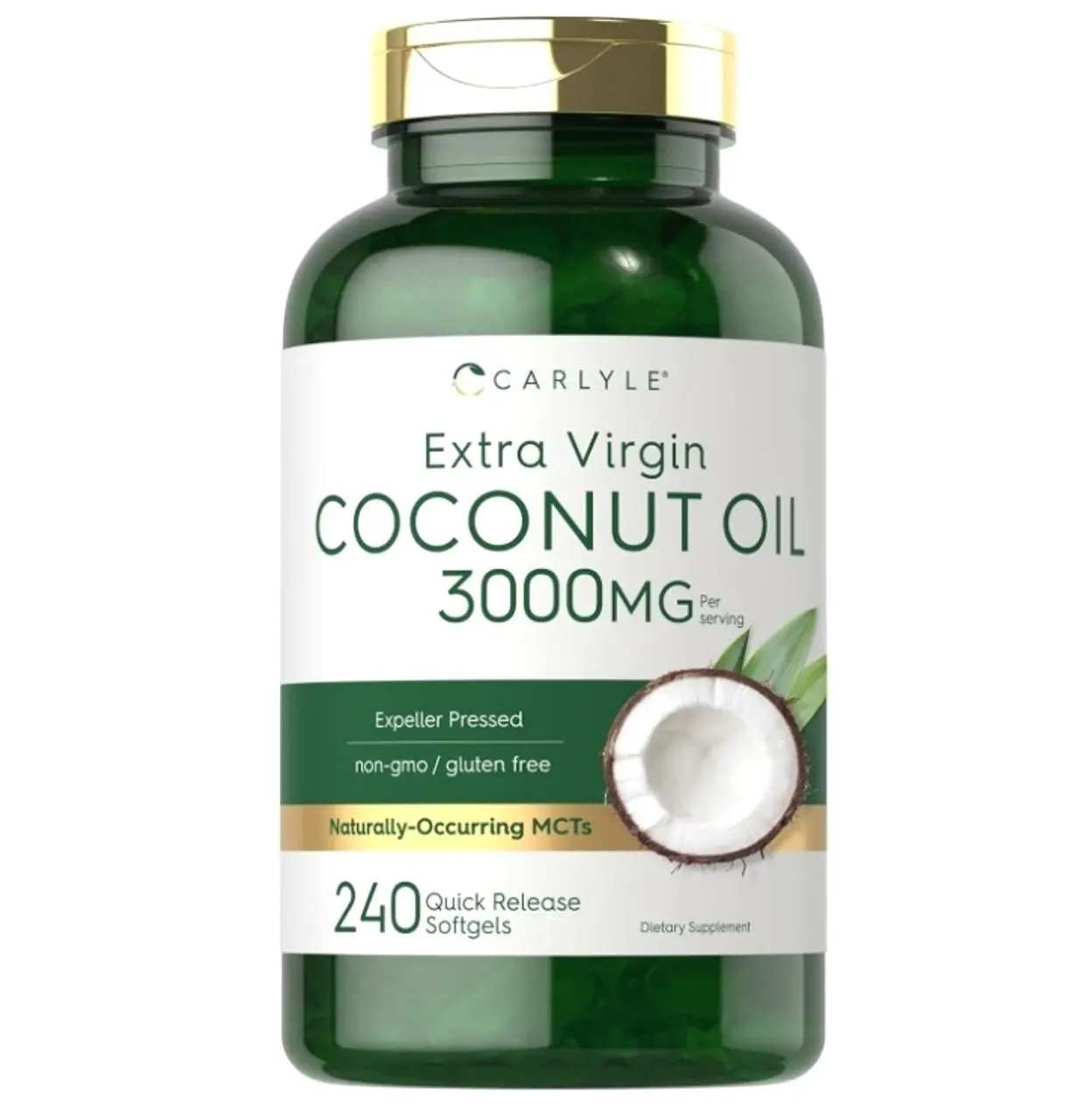 Coconut Oil Extra Virgin Softgel Capsules | 3000mg | 240 Count | Naturally Occurring MCTs | Non-GMO and Gluten Free Supplement