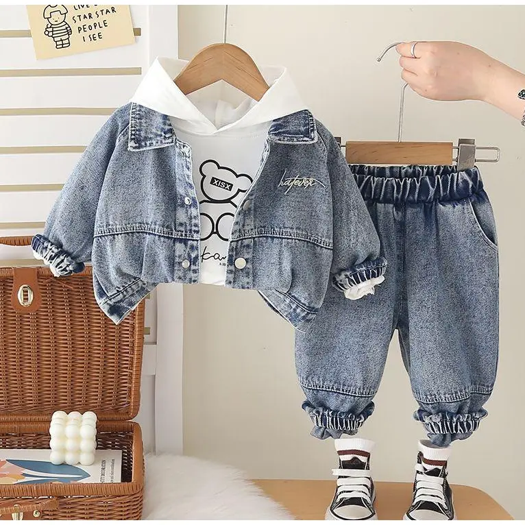 YYW1 Boys' 3-Piece Matching Set - Casual Jacket, Cartoon Hooded Sweatshirt, Jeans - Autumn/Winter Geometric Print Outfit, Prop 65 Safe, Comfortable Back to School & Daily Outings Wear, Jacket+Pants Included