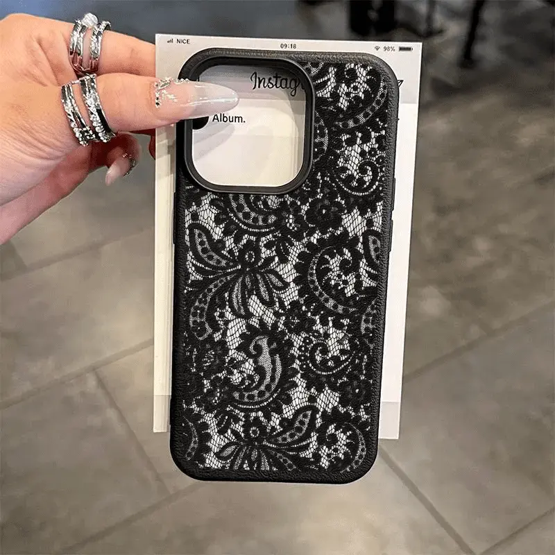 Preppy Street Unisex Black Lace-Lychee Texture Protective Cellphone Case - 1pc Casing for iPhone 17,16,15,14,13,12,11 Pro Max,Air,X,XR,XS,8,7 Plus Handheld Devices with Protection (Mobile Phone Accessory)