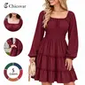 Chicovar Women's Square Neck Boho Mini Dress – Long Sleeve Smocked Waist Tiered Ruffle Dress with Pockets , Cute Lantern Sleeve for Fall Wedding Guest, Family Photos, Church, Westernfashion, Sohochic