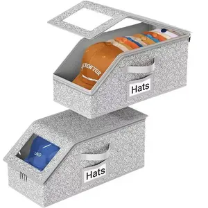 Baseball Cap Storage Box, 2 Counts Stackable Hat Storage Box, Durable Hat Storage Organizer with Lid, Home Organizer for Bedroom, Closet, Living Room