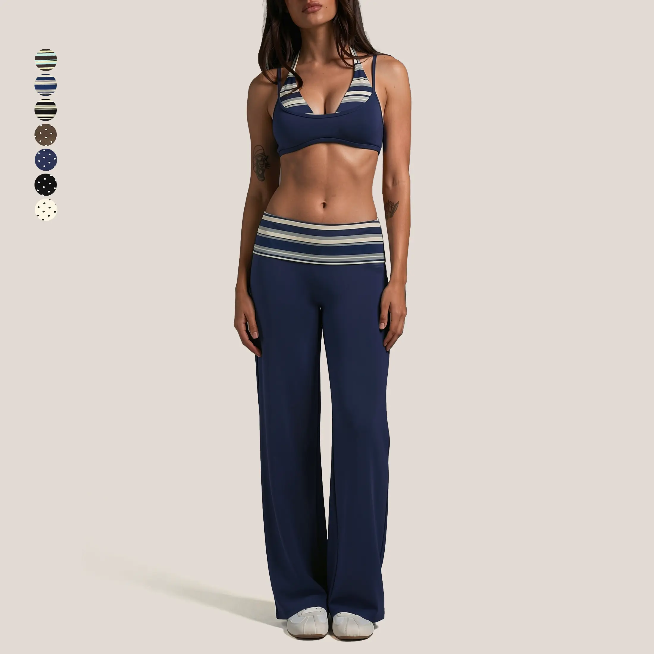 GIAFIRE Women's 2-Piece Casual Athletic Set Ultra-stretchy, breathable and soft yoga outfit, consisting of a halter spliced striped/polka dot sports bra and high-waisted hip-lifting ruched wide-leg pants. Perfect for Pilates, gym workouts and daily wear.