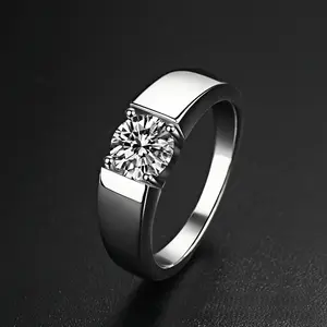 Elegant Silver Tone Cubic Zirconia Ring for Men, Shiny Round Cut Solitaire Band Ring, Minimalist Wedding Party Anniversary Jewelry Gift