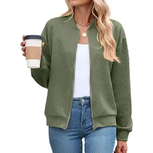 Women's Quilted Bomber Jacket, Casual Full Zip Stand Collar Textured Coat with Ribbed Cuffs, Lightweight Geometric Embossed Outerwear