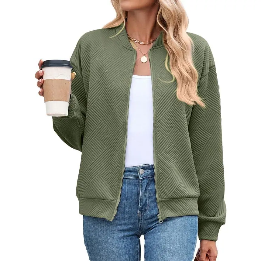Women's Quilted Bomber Jacket - Loose Longsleeves Chic Aesthetic Elevated Casual Coat with Full Zip, Stand Collar, Ribbed Cuffs, Geometric Embossing, Lightweight Casual Ootd Outerwear, Layering Outfits, Tops, Baggy, Oversize, Outdoors, Woven Fabric, Brunc