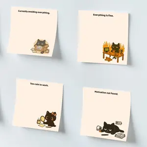 4pcs Funny & Cute Black Cat Sticky Labels Notes 3x3 Inch 50 Sheets Funny Office Note Pads Adhesive Funny Sticky Notes for School Office Home Supplies Students Teachers Gift, Funny Stickers, Book Reading Decoration Sticker, Sticker Packs
