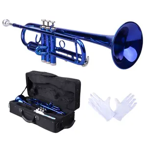 Flower Dance Brass B Flat Trumpet Blue Set with Gloves & Case - High-Quality Durable Easy-to-Play Instrument for New Learners